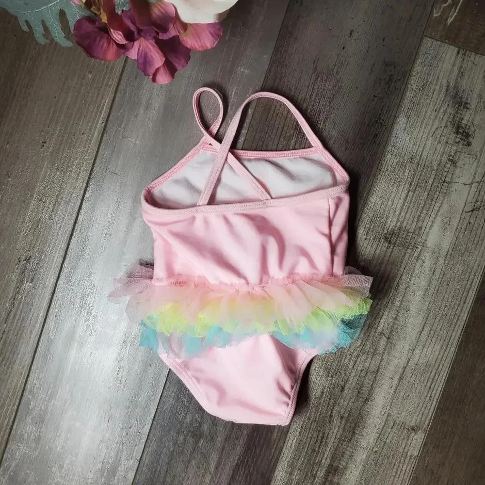 Wonder Nation Baby Girl Rainbow Unicorn One Piece Swimsuit Size 3-6m NWOT
